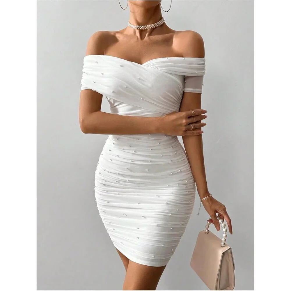 Womens Pearl Beaded Off Shoulder Short Sleeve Bodycon Party White Dress - Picture 5 of 6